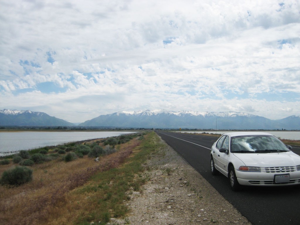 The causeway that leads out to the island. The Wasatch Mountains are in the background.