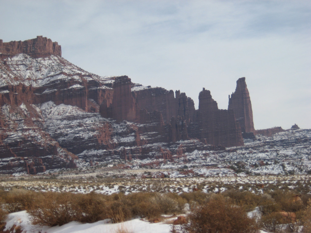 The Fisher Towers in winter. The Titan is the tallest tower, on the far right. The Fisher Towers in winter. The Titan is the tallest tower, on the far right.