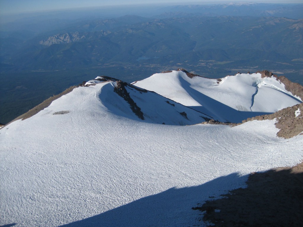 Looking down from the summit onto one of the mountain's glaciers.