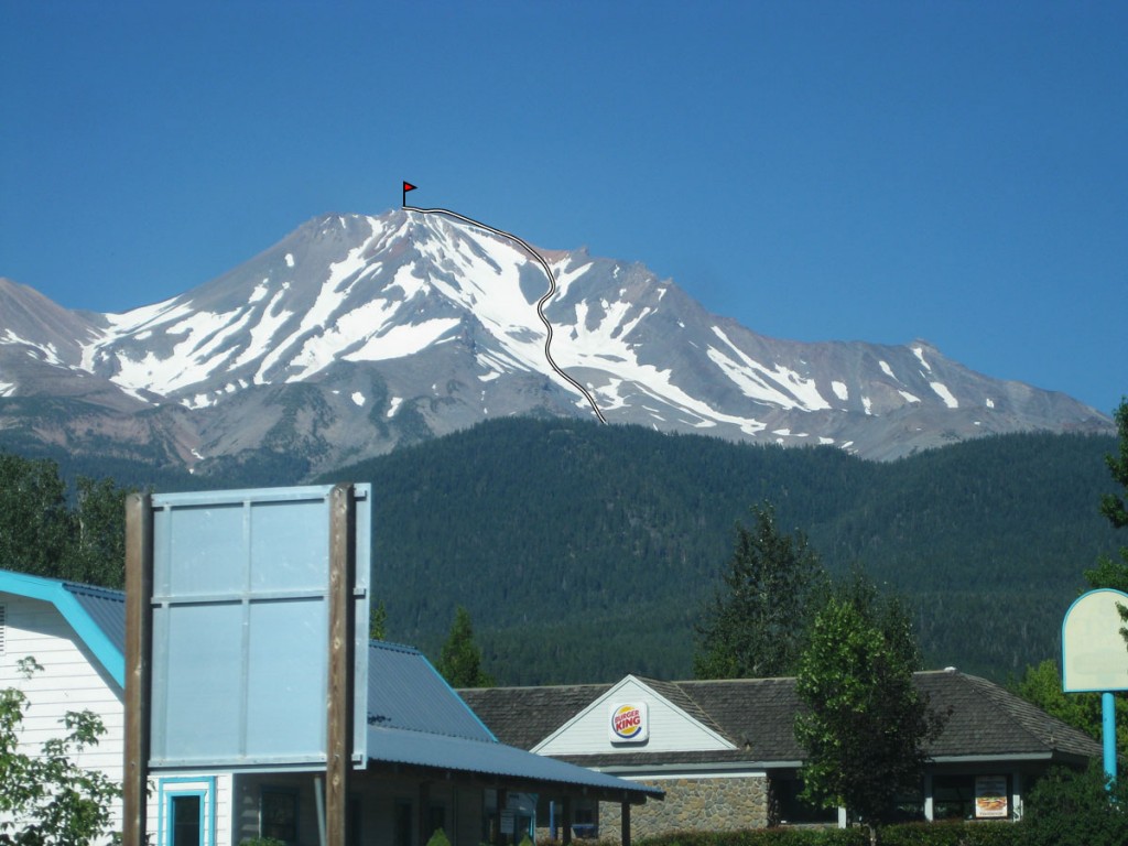 The mountain and my route (drawn in) from the city of Mt. Shasta