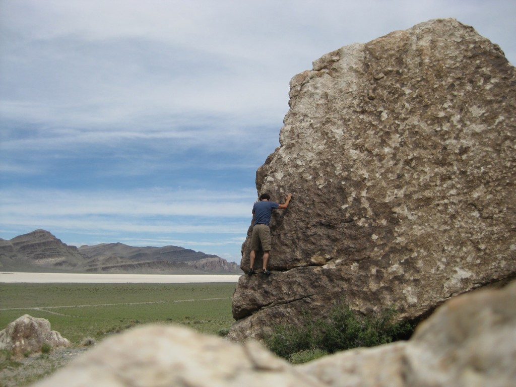 Me bouldering at Topus Mountain (Island of Stone). 
