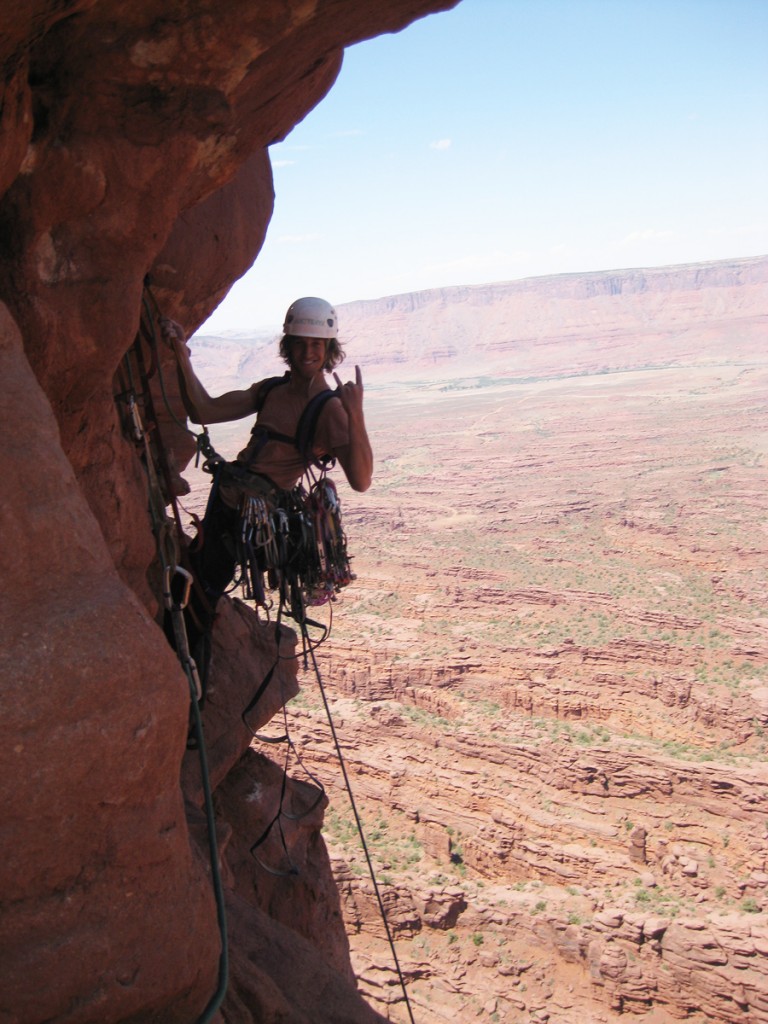 Aaron on the scary traverse at the start of pitch 3. Aaron on the scary traverse at the start of pitch 3.