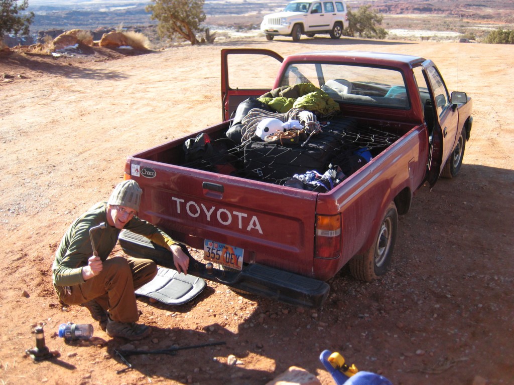 Jonny getting ready to fix his flat tire. Jonny getting ready to fix his flat tire.