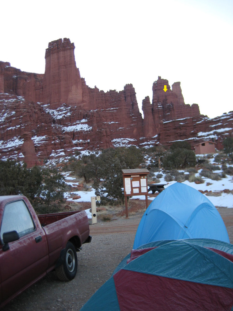 The Fisher Towers in January. Ancient Art is marked with a yellow arrow. The Fisher Towers in January. Ancient Art is marked with a yellow arrow.