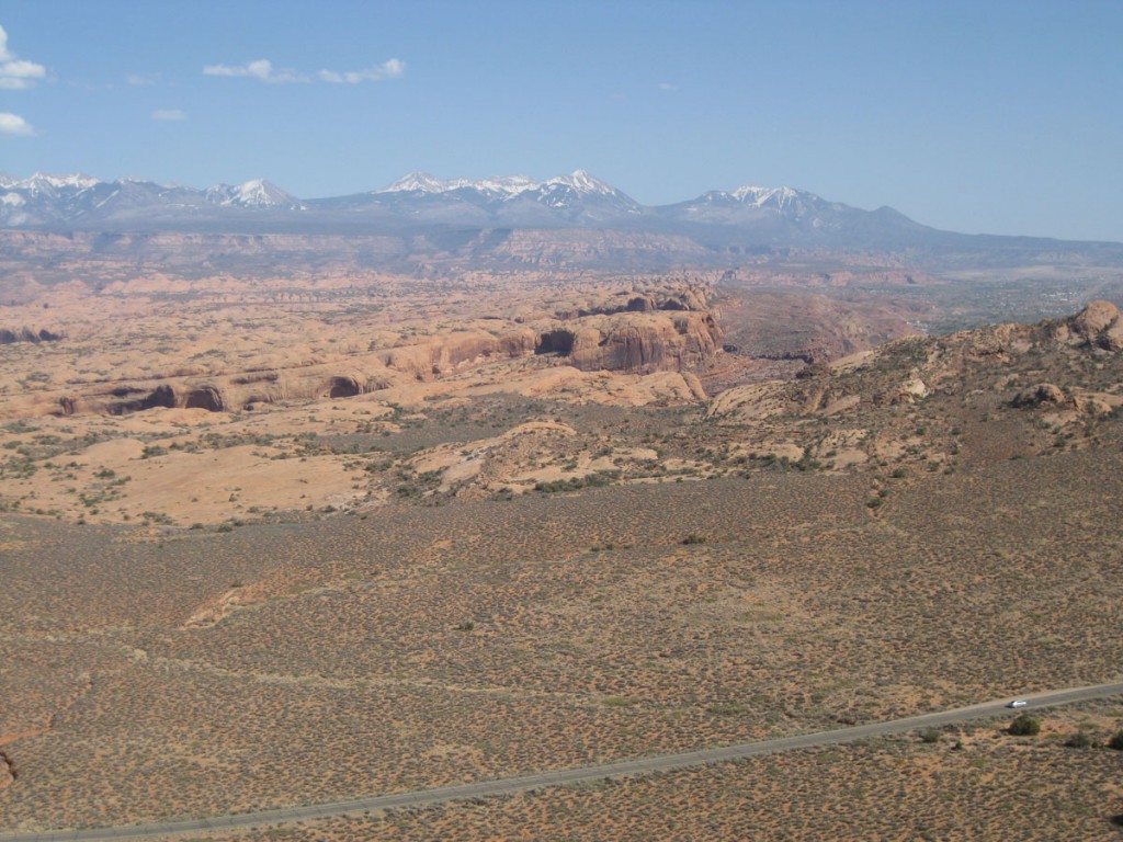 Looking over Arches National Park, with the La Sal Mountains in the distance. Looking over Arches National Park, with the La Sal Mountains in the distance.